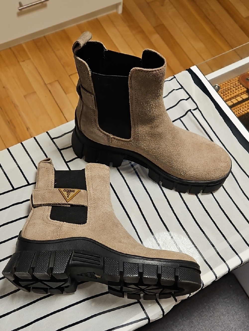 Guess Taupe Suede Chelsea Lug Boots with Black Elastic